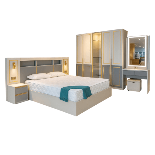 ชุดห้องนอน + ที่นอนสปริง 6 ฟุต WISDOM DESIGN FURNITURE รุ่น SYDNEY สีเบจ/เทา